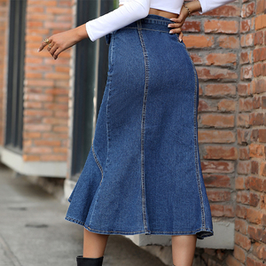 Özel Vintage yıkama streç yüksek bel Denim <span class=keywords><strong>Maxi</strong></span> bayanlar çiçek Mermaid Denim etek kadınlar uzun - Product Image 5