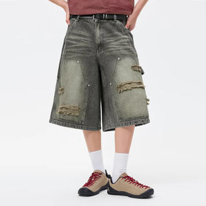 Özel yüksek kalite Vintage orta katlı erkek <span class=keywords><strong>Denim</strong></span> şort gevşek sıkıntılı asit-yıkanmış Trendy kot erkekler için kısa - Product Image 3