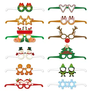 12 Pieces Christmas Paper Eyeglasses Santa Snowman Xmas Glasses Frame Costume Decoration Photo Booth Props for Christmas Party