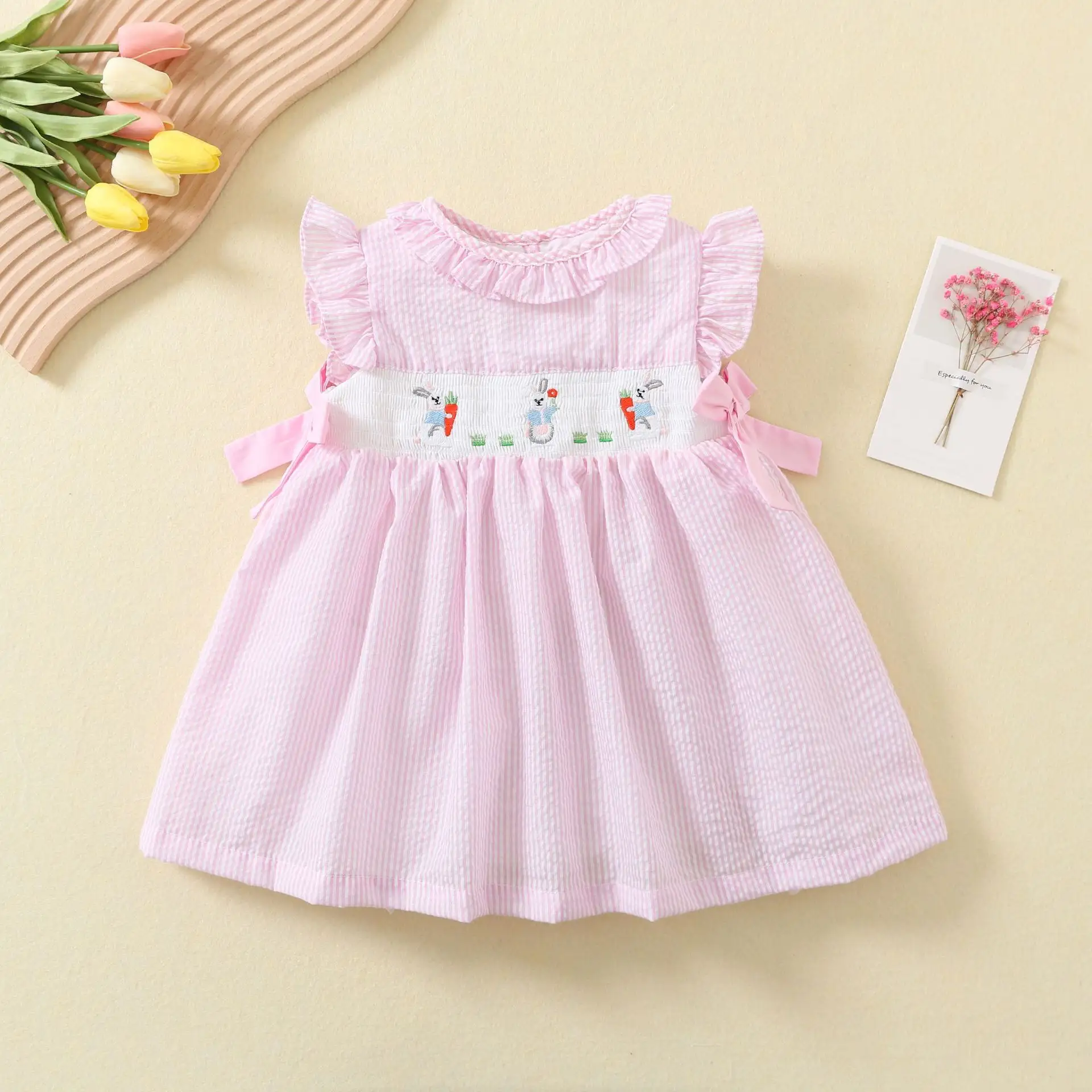 Pink ribbon ruffles cute rabbit embroidery summer ODM OEM smock dress girl princess dresses baby girls smocked dresses