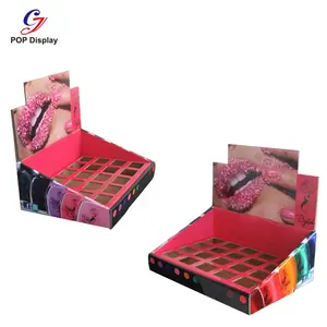 Peraga Meja Ritel Karton Cetak Logo Pelanggan untuk Makeup Lipstik Kosmetik Counter Kertas PDQ Display dengan Pembagi
