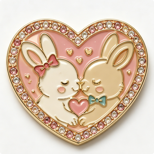 Heart-Shaped Gold-Plated Metal <b>Pin</b> With Enamel Bunny Couple And Rhinestones For Valentine'S Day Love Theme - Product Image 6