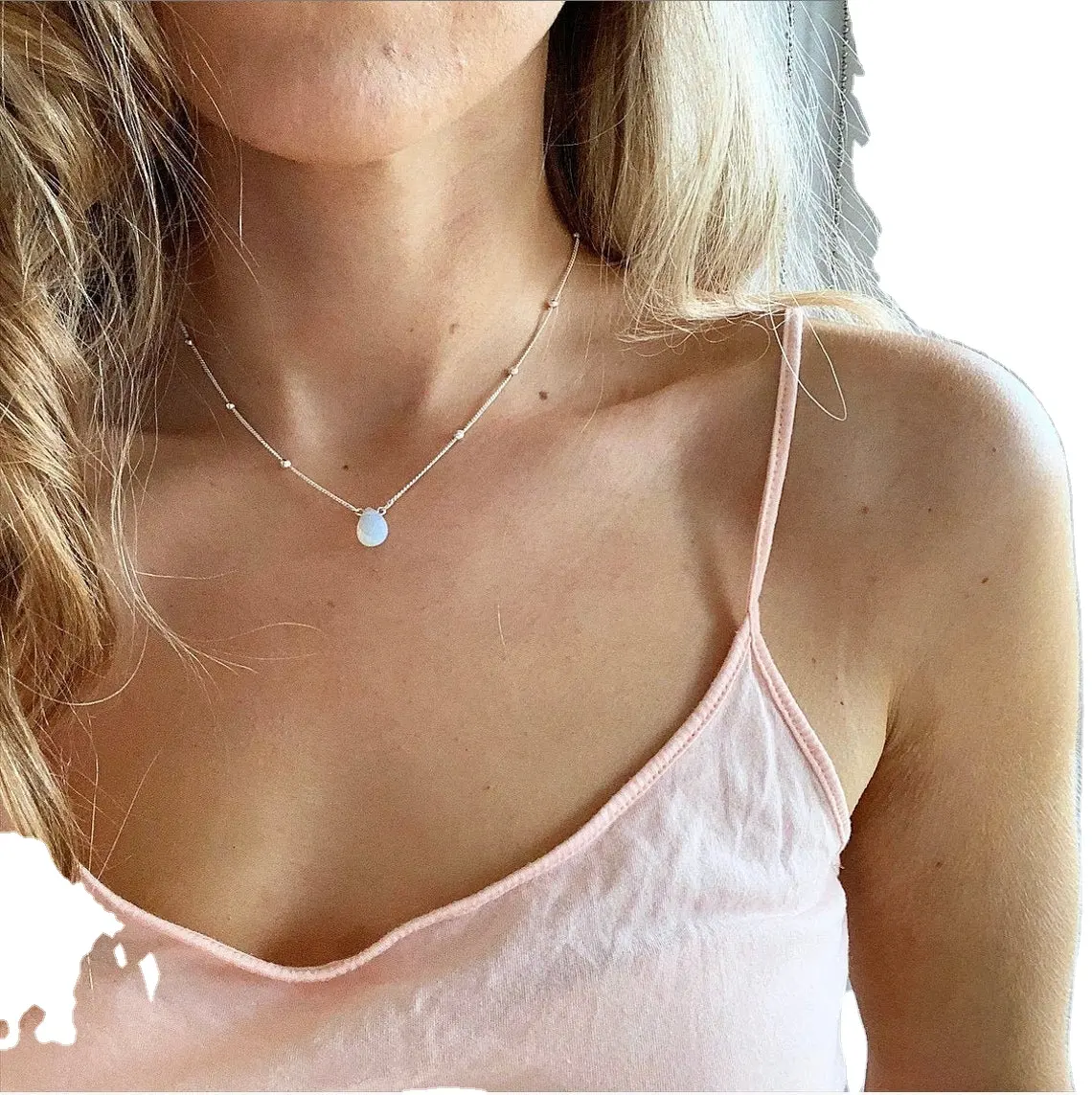 Chuỗi Hạt Bạc Sterling 925 Chuỗi Hạt Opal Vòng Cổ Phong Cách Đá Mặt Trăng Opalite