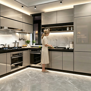 Mobili da <span class=keywords><strong>Cucina</strong></span> di Lusso in MDF Grigi con Isola Laccati Lucidi Bianchi Design Shaker - Product Image 1
