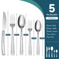Vajilla Besteck-Ensemble d'argenterie avec marteau à long manche, lot de 5 couverts modernes gravés au laser, ensemble de couverts dorés en acier inoxydable