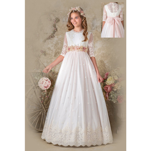 בנות אלגנטיות שמלה ראשונה עם חגורת תחרה באיכות גבוהה חצי שרוולים ילדים ילדים שמלות רשמיות ארוכות לחתונה - Product Image 2