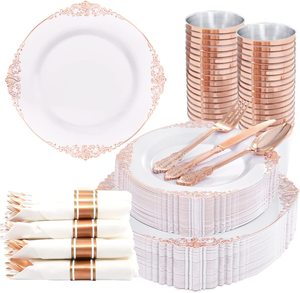 350pcs Rose Gold Disposable Plastic Plates include 50Dinner Plates 50Dessert Plates 50 Rolled Napkins with 50 Cutlery 50Cups