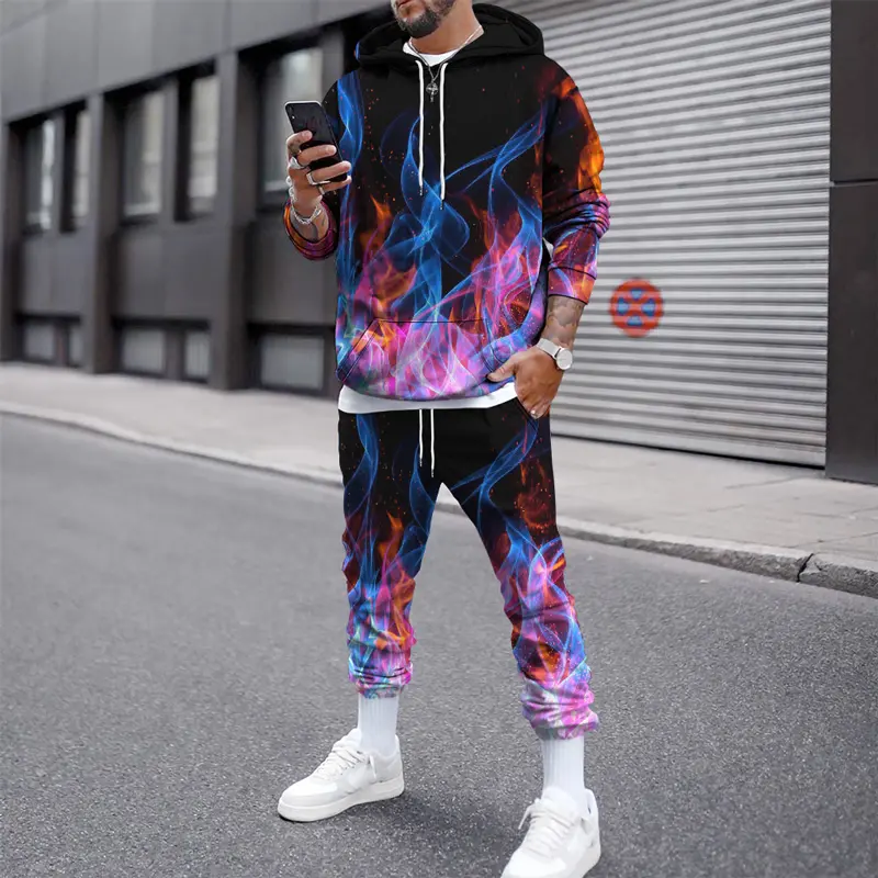 Mannen Hooded Sets Hoodie Trainingsbroek Trainingspak 2 Stuks Flame Print Streetwear Jongen Hoodies Joggers Pak Mannelijke Kleding Plus Size 6XL