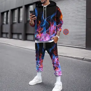 Men's Hooded Sets Hoodie Sweatpants Tracksuit 2 Pcs Flame Print Streetwear Boy Hoodies Joggers Suit Male Clothing Plus Size 6XL