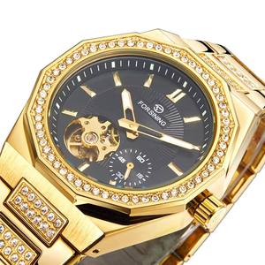 Relojes Mecánicos <span class=keywords><strong>de</strong></span> Lujo FORSINING con Esfera <span class=keywords><strong>de</strong></span> Diamantes Negros y Dorados, Reloj Automático para Hombre <span class=keywords><strong>de</strong></span> Acero Inoxidable Resistente al Agua - Product Image 1