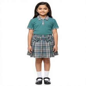 Girls Primary School Uniform Set Teal Plaid <b>Skirt</b> Cotton Woven Polo Shirt With Bow Detailing - Product Image 1