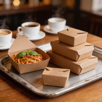 Boîte à lunch carrée jetable en papier kraft 32 oz, style luxueux, recyclable et biodégradable, écologique pour les restaurants et les plats à emporter