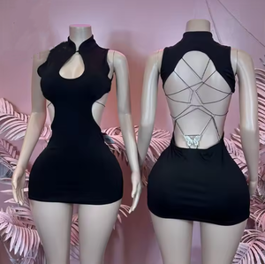 Robe de soirée courte sexy Viviblook Z1227DS01, nouvelle collection, dos nu, découpes, ornée de papillons métalliques, pour femmes - Product Image 1