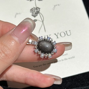 S925 Pure <b>Silver</b> Sparkling Stone Pendant Vintage Geometric Design Simple Elegant Temperament Niche Fashion <b>Rings</b> - Product Image 1