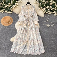 Robe décontractée pour femme WIWT, élégante, à imprimé floral, col en dentelle, manches longues, coupe trapèze, avec ceinture à nouer, pour tous les jours et les vacances
