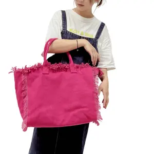Custom Large Capacity Reusable Portable Zippered Women Handbag Tassel Fringe Canvas Tote Bag