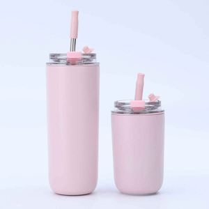 Pink Stainless Steel Vacuum Tumbler With Straw Minimalist Design Travel Mug Double Wall Insulated 12-24 Hours Thermal Keep <b>Hot</b> - Product Image 1