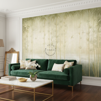 Papier Peint Mural 3D Imperméable Vert Clair Vintage Motif Forêt de Bambou et Lac pour Décoration Murale de Chambre et Salon Facile à Poser