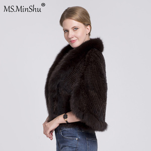 MWfur Frauen gestrickt weiß Nerz Pelz Hochzeit Poncho Jacke Fox Pelz Kragen getrimmt Nerz Pelz <span class=keywords><strong>Cape</strong></span> für Dame - Product Image 5