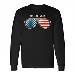 T-shirt puritana a maniche lunghe con design di occhiali da sole con bandiera americana e grafica patriottica - Product Image 2