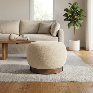 Modern Brown Beige Fabric Pouf Ottoman with Cocoa Malaysian Oak Legs Mid for Rustic Footstool Durable <b>Portable</b> for Apartment - Product Image 1