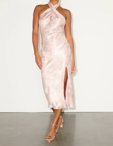 Elegante Abito Midi in Raso Jacquard con Paillettes e Ricami, Schiena Scoperta e Collo Halter per Feste - Product Image 3