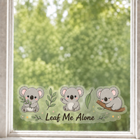 Autocollants personnalisés imperméables en PVC vinyle, motif koala kawaii, décalcomanie de fenêtre en forme de feuille, imprimé UV, autocollant décoratif électrostatique pour verre et mur
