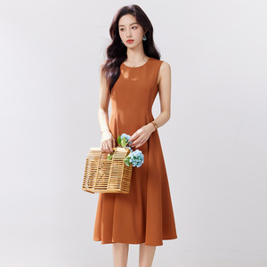 Sleeveless Midi Dress For Women Solid Color O Neck Natural Waist Daily Casual Wear Simple Style Elegant Fashionable - Product Image 4