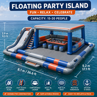 Plateforme flottante gonflable robuste OEM ODM pour parc aquatique avec toboggan, auvent, canapé et table pour location commerciale en station balnéaire