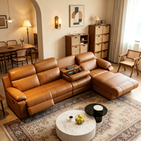Sofá Chesterfield Marrón Reclinable en Forma de L, Sofá de Cuero Genuino Italiano Moderno y Lujoso para Sala de Estar, Juego de Muebles para el Hogar
