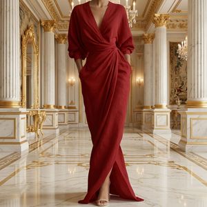 Nouvelle Robe Longue Élégante 2026 à Col V Uni, Manches Longues, Fente et Taille Nouée avec Poches – Vente Chaude en Gros pour l'UE et les États-Unis (Export) - Product Image 2
