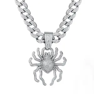 2024 New Style Iced Out Cuban Chain With Hip Hop Alloy And Bling Rhinestone Big Spider Pendant Necklace