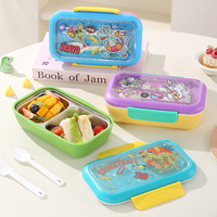 Boîte à lunch pour enfants en acier inoxydable 304 à 2 compartiments, couvercle transparent, design de dessin animé, anti-fuite, poignées bicolores avec cuillère