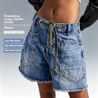 Shorts en jean rétro pour femme, taille mi-basse, coupe ample, ourlet brut, denim bleu, style décontracté