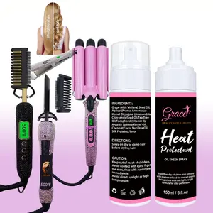 Conjunto de peinado con logotipo personalizado, Spray protector de calor, diamantes de imitación de calor rápido, peine eléctrico caliente, engarce de cabello de 25mm