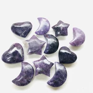 卸売天然民芸品磨かれたクリスタルパームストーンとスタークリスタル彫刻レピドライトハート装飾用 - Product Image 1