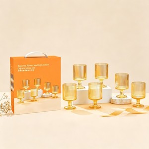 Set Regalo di 6 Calici in Vetro Ambrato con Stelo Scanalato Verticale, Capacità 330ml, Lavabili in Lavastoviglie, Ecologici, Multifunzionali, Stile Vintage - Product Image 1