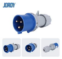 Steker Industri Tahan Aus Tinggi IP44 Tahan Air JORDY JD023 3P 32A 230V Biru Fase Tunggal Konektor Tugas Berat