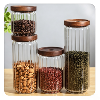 Bocal de conservation alimentaire moderne en verre côtelé avec couvercle hermétique en bois pour l'organisation du garde-manger de cuisine, récipient transparent en borosilicate