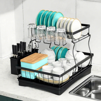 Égouttoir à vaisselle à 2 niveaux avec porte-couverts, organisateur de cuisine en métal pour assiettes, tasses et bols