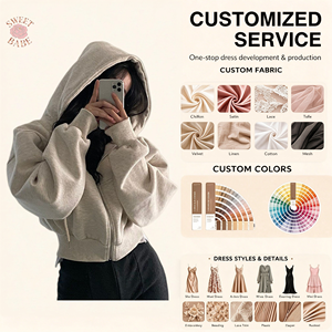 เสื้อฮู้ดครอปซิปสำหรับผู้หญิง ทรงโอเวอร์ไซส์ แขนยาวทรงโคมไฟ สีพื้น ผ้าฟลีซ - Product Image 1
