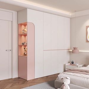 Armoire Moderne Minimaliste pour Enfants Rose <span class=keywords><strong>et</strong></span> <span class=keywords><strong>Blanc</strong></span> avec Étagère LED du Sol au Plafond – Rangement Gain de Place pour Chambre d'Appartement - Product Image 1