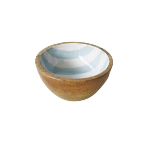 Bol en bois de manguier fait main avec intérieur rayé bleu et blanc, design Wabi Sabi, pour servir les aliments à la maison - Product Image 1