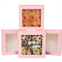 Boîte à donuts rose avec fenêtre transparente en PET festonnée, boîte d'emballage pliable de qualité alimentaire pour pâtisserie, biscuits, chocolat, desserts