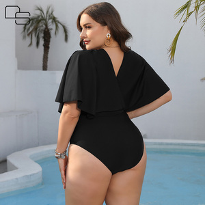 Traje de baño de una pieza con volantes, cuello en V y manga corta, talla grande, negro, para mujer, con control de abdomen, personalizado al por mayor - Product Image 4
