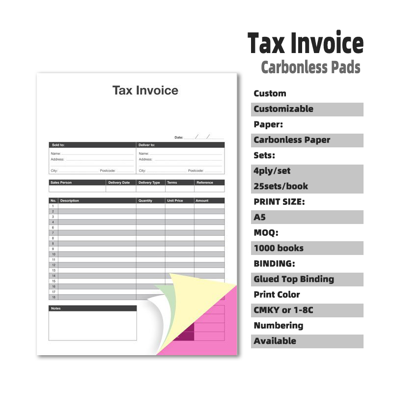 OEM/ODM Cheap Price Duplicate Triplicate Quadruplicate NCR/Carbonless A5 commercial Tax Invoice Pads Book Customizable Printing