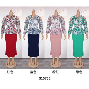 J0756 Robes Africaines Tendance pour Femmes – Ensemble Décontracté et Élégant 2 Pièces avec Manches Longues Illusion et Col en V, Imprimé Africain – Robe de Bureau pour Dames - Product Image 5