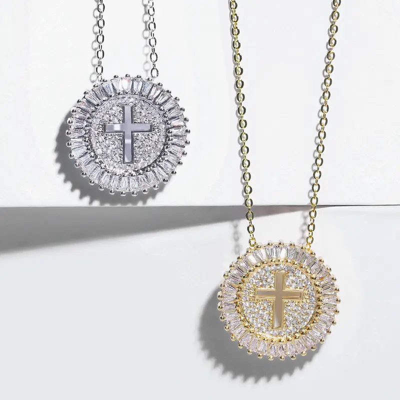 Kalung Liontin Bulat untuk Pria dan Wanita, Kalung Rantai Warna Emas Perak Berlian Imitasi Salib untuk Pria dan Wanita