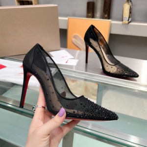 Tacones de aguja con punta en pico y malla de cristal para mujer |   Zapatos de Tacón Transparentes <span class=keywords><strong>Negros</strong></span> con Suela Roja |   Elegantes Zapatos de Vestir para Fiesta de Boda con Suela Roja - Product Image 2