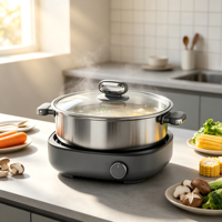 Casserole électrique multifonction 4L en acier inoxydable, avec revêtement antiadhésif en verre trempé, température réglable